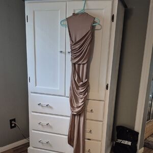 Elegant Tan Draped Maxi Dress
